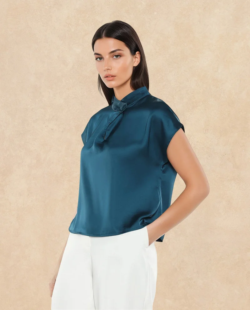 Rareism Women's Contrast Piping Detail Satin Top