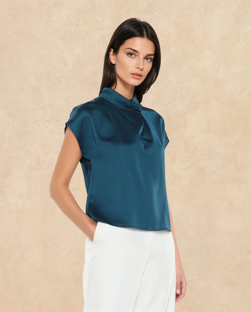 Rareism Women's Contrast Piping Detail Satin Top