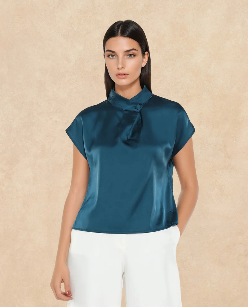 Rareism Women's Contrast Piping Detail Satin Top