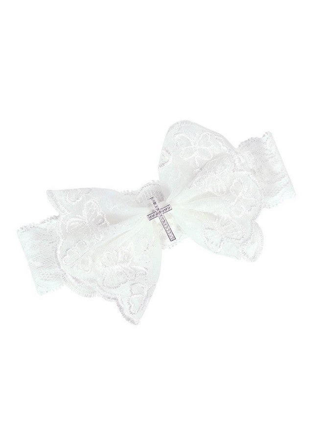 BBTDIN Baptism Christening Headbands Baby Girls Flower Lace Hair Hand White Bow BBG11 (B1-Bow with Cross) - Image 1