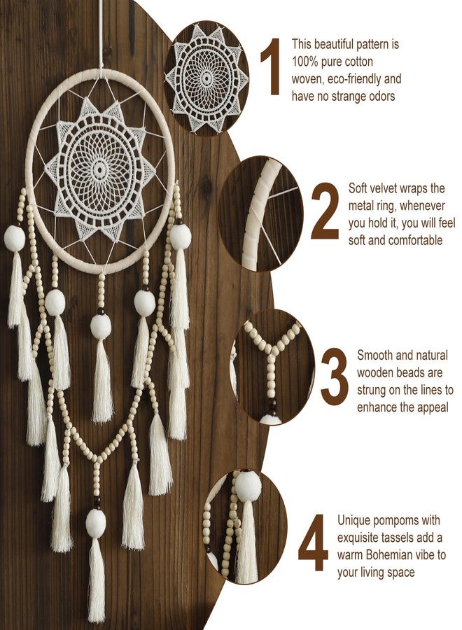 Artilady Macrame Dream Catcher Wall Decor with Pom Poms Large White Dreamcatcher Wood Beads Boho Wall Hanging, Handmade Tassels Ornament Room Decor for Girls Bedroom Living Room Weddings - Image 3