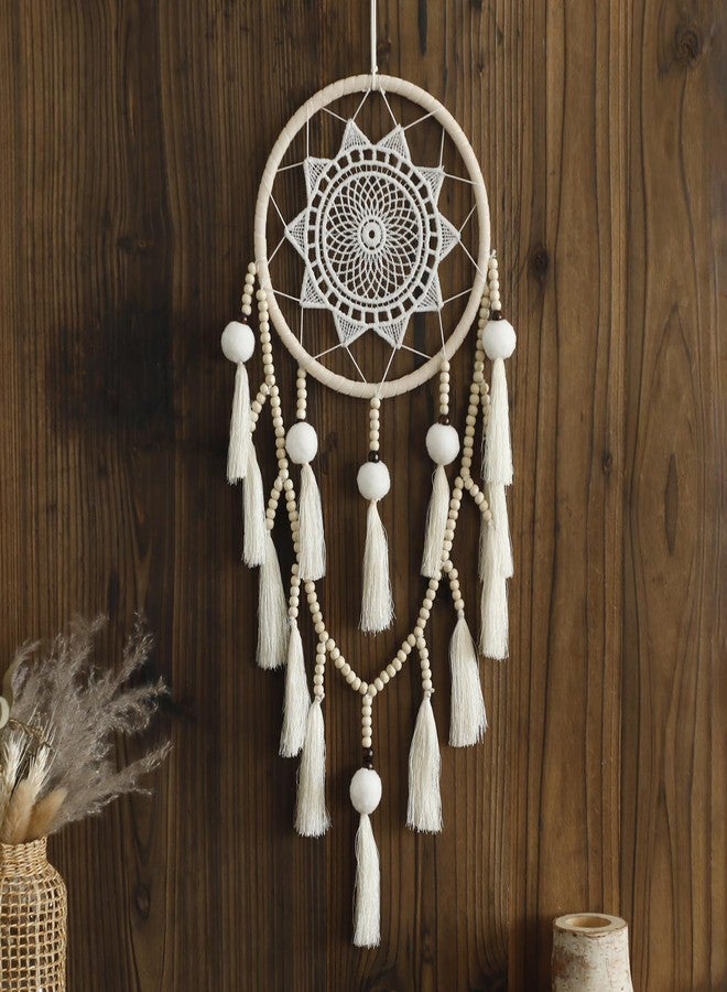 Artilady Macrame Dream Catcher Wall Decor with Pom Poms Large White Dreamcatcher Wood Beads Boho Wall Hanging, Handmade Tassels Ornament Room Decor for Girls Bedroom Living Room Weddings - Image 1