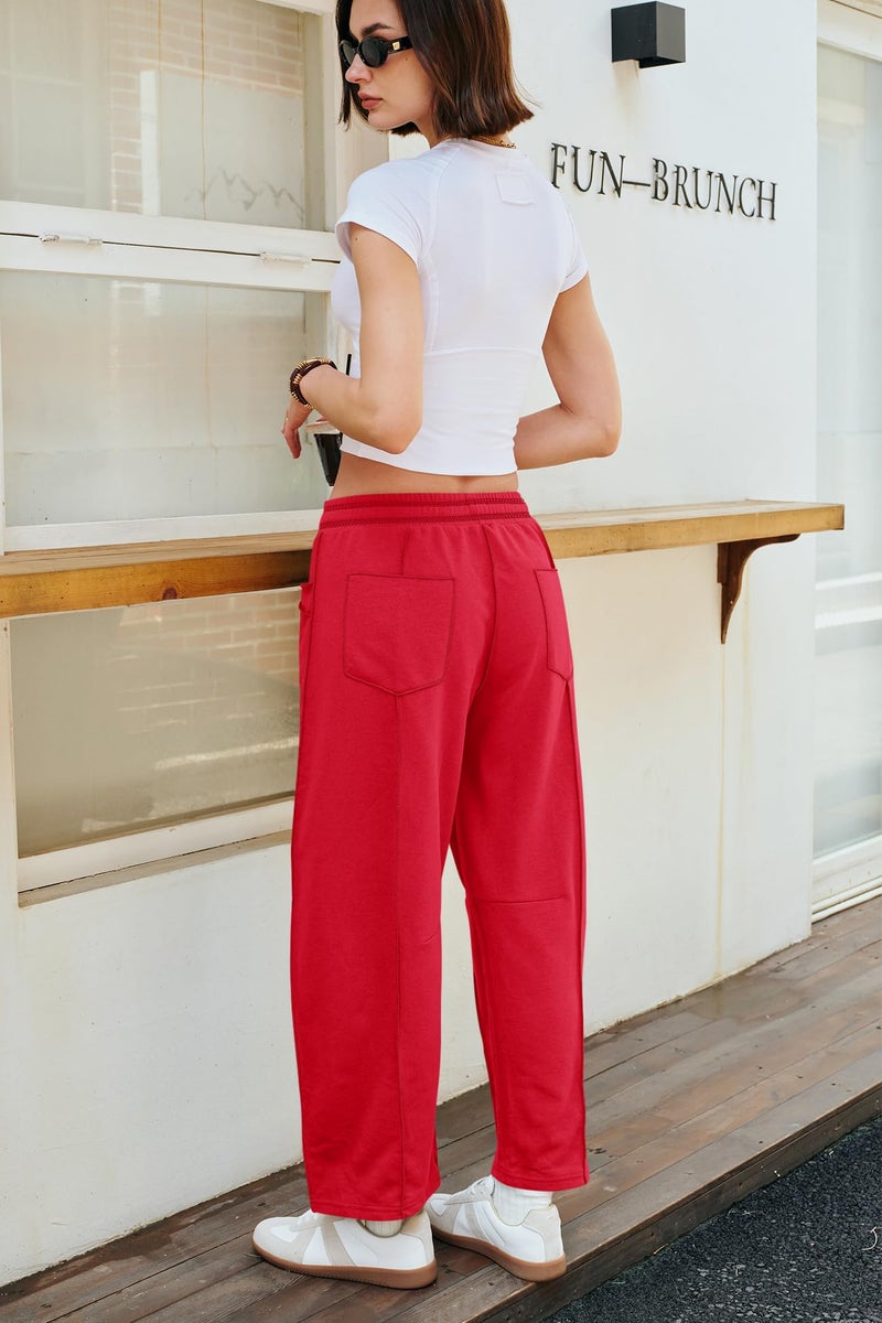 Panadila Womens Barrel Pants Drawstring Wide Leg Sweatpants Baggy Summer Lounge Pants Casual Beach Trousers (Red,XS) - Image 3