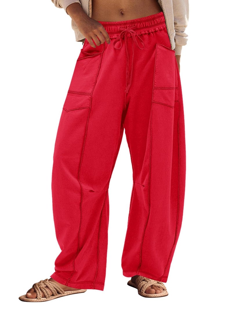 Panadila Womens Barrel Pants Drawstring Wide Leg Sweatpants Baggy Summer Lounge Pants Casual Beach Trousers (Red,XS) - Image 1