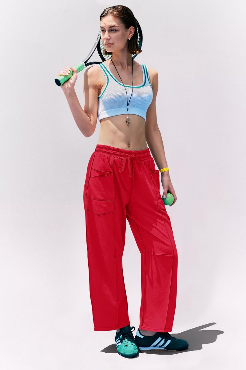 Panadila Womens Barrel Pants Drawstring Wide Leg Sweatpants Baggy Summer Lounge Pants Casual Beach Trousers (Red,XS) - Image 5