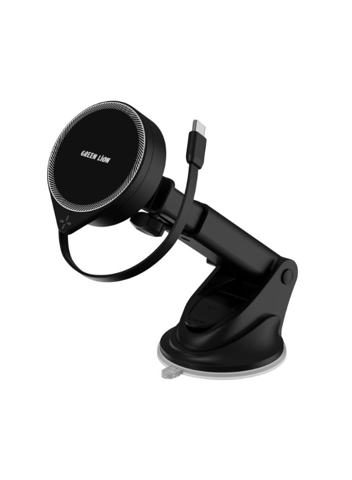 GREEN LION Car Charger Magsafe Holder 15W GH-17/ Extendable Arm/ Retractable Cable/ Strong Magnetic Adsorption/ Easy Installation / Fast Charging - Black - Image 1