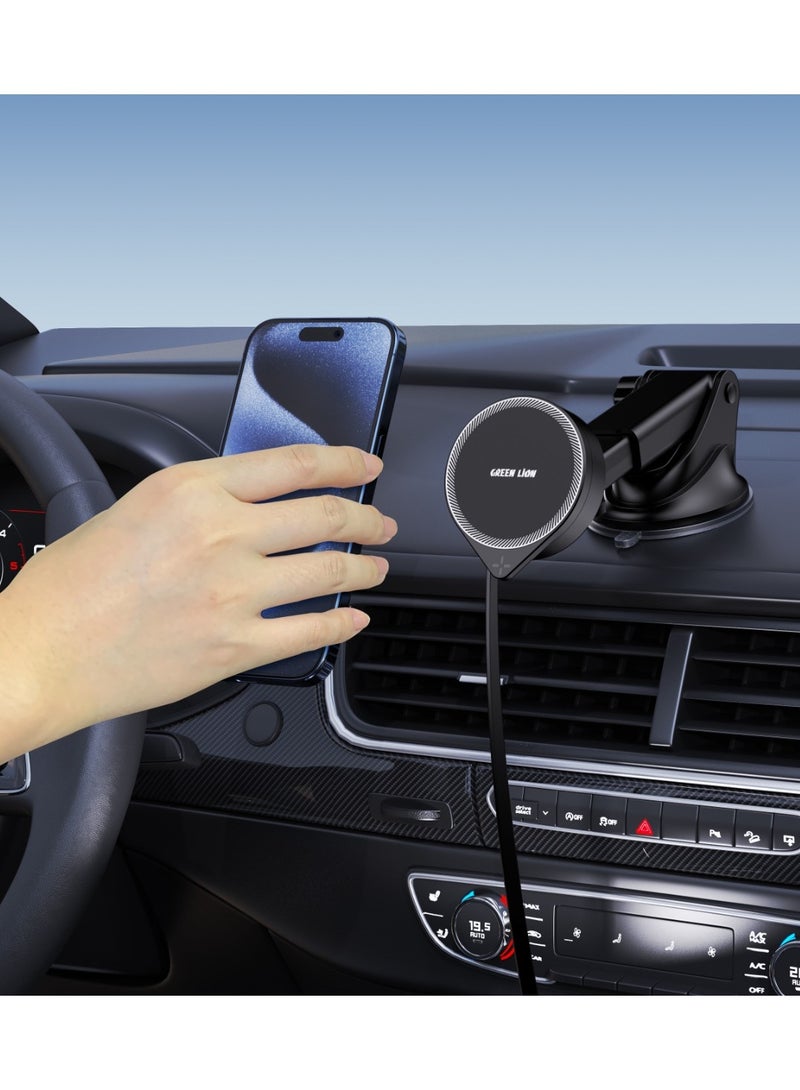 GREEN LION Car Charger Magsafe Holder 15W GH-17/ Extendable Arm/ Retractable Cable/ Strong Magnetic Adsorption/ Easy Installation / Fast Charging - Black - Image 3