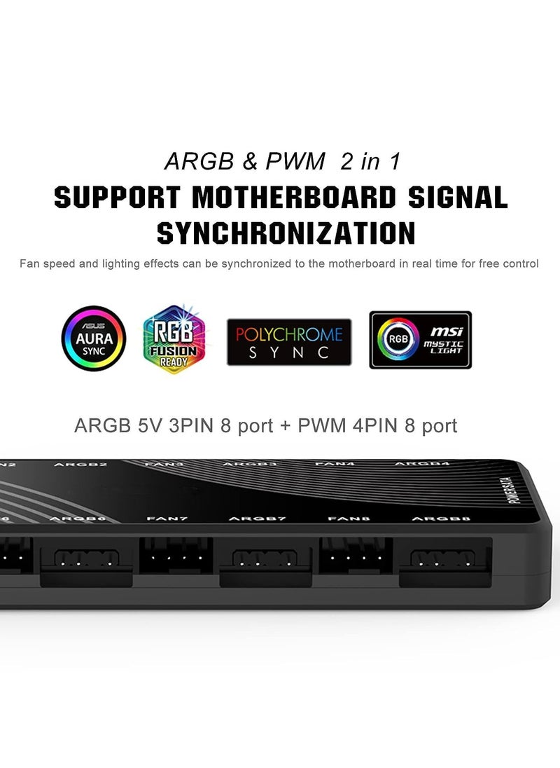 Generic - ARGB Fan HUB Controller, PWM Fan Hub Support 8 Groups of Fans for Addressable 5V 3Pin ARGB & 12V 4Pin PWM, 2-in-1 RGB Case Fan Hub with Hidden Magnetic Base and SATA Power - Image 1