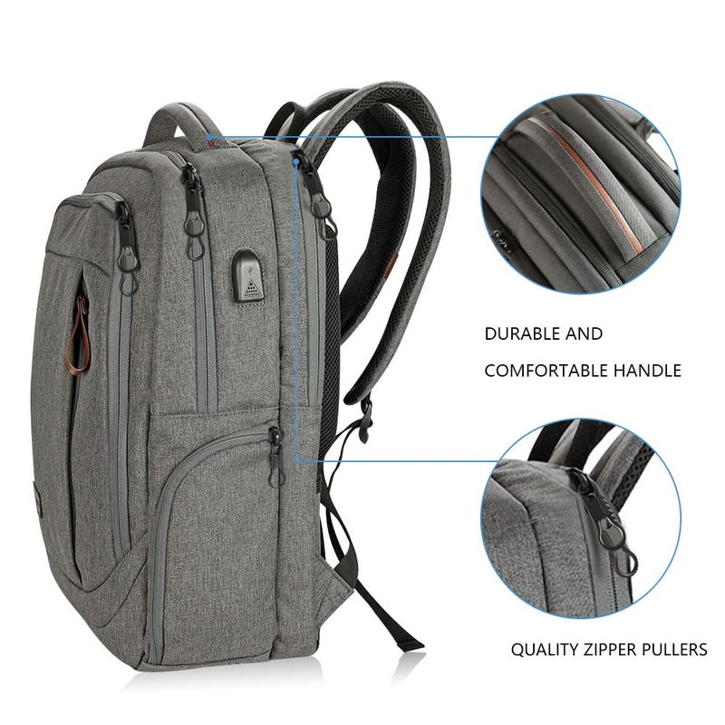 KROSER Laptop Backpack Large Computer Backpack Fits up to 17.3 Inch Laptop with USB Charging Port Water-Repellent Casual Daypack for Travel/Business/College/Women/Men-Grey - Image 5