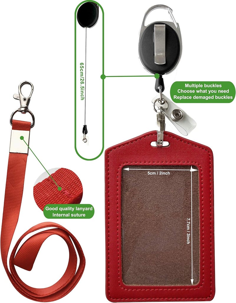 HoAoOo ID Card Case + Heavy Duty Lanyard (Red)+ Badge Holder Retractable Reel Carabiner and Plastic Clip (Soft Genuine Leather Case) - Image 3