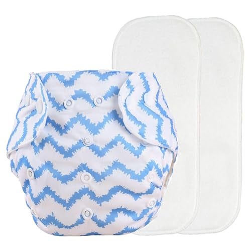 Alya Pocket Button Style Solid Winter Reusable Cloth Diaper Print Adjustable Washable Printed With 2 White Microfiber Bamboo Insert Pads (BLUE STRIP;0-24 Months) - Image 1