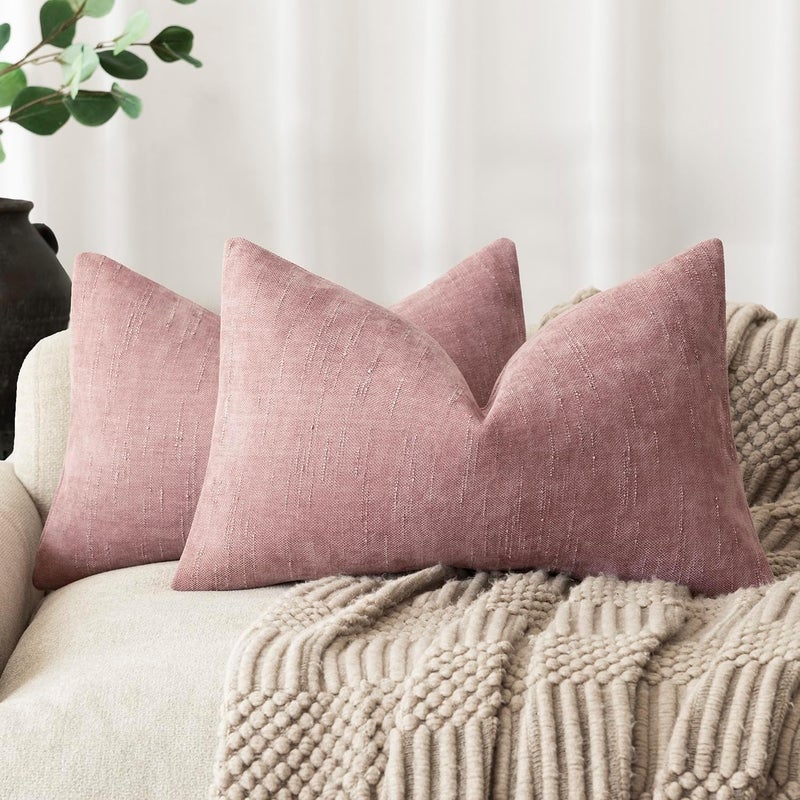 Foindtower Pack of 2 Textured Chenille Throw Decorative Pillow Covers Square Accent Solid Cushion Cover Neutral Farmhouse Lumbar Pillow Case for Couch Sofa Bedroom Living Room 12x20 Inch,Dusty Rose - Image 1