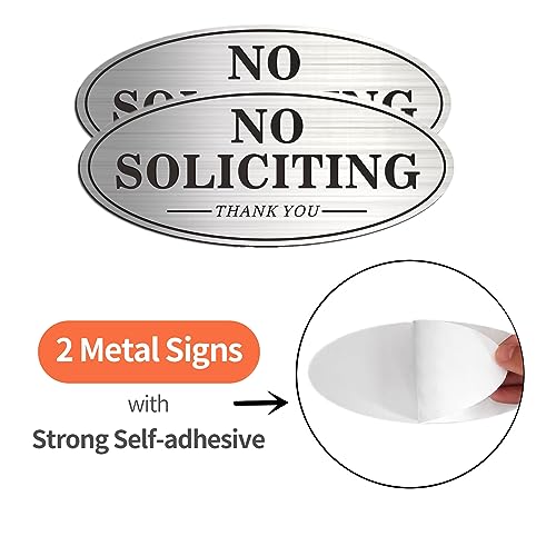 MongFun House Door No Soliciting Sign Metal, 2 Pack Silver Color 7.0 x 3.0 inches, Self-Adhesive Modern Design Aluminum Signs for Office Home Business Company, Waterproof and Weather Resistant - Image 2