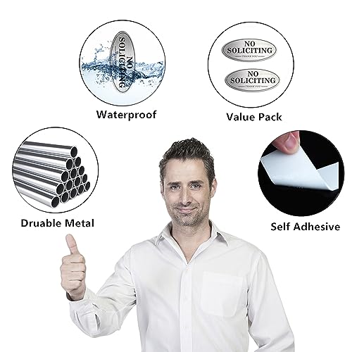 MongFun House Door No Soliciting Sign Metal, 2 Pack Silver Color 7.0 x 3.0 inches, Self-Adhesive Modern Design Aluminum Signs for Office Home Business Company, Waterproof and Weather Resistant - Image 5