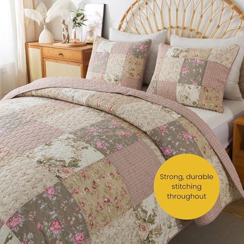 SLPR Secret Garden Patchwork Cotton Pieced Quilt Set - Queen with 2 Shams, Country Shabby Chic Bedding with Flower Pattern, Pink Floral Farmhouse Quilted Bedspread for All Seasons - Image 4