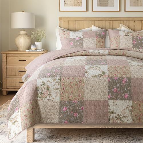 SLPR Secret Garden Patchwork Cotton Pieced Quilt Set - Queen with 2 Shams, Country Shabby Chic Bedding with Flower Pattern, Pink Floral Farmhouse Quilted Bedspread for All Seasons - Image 1