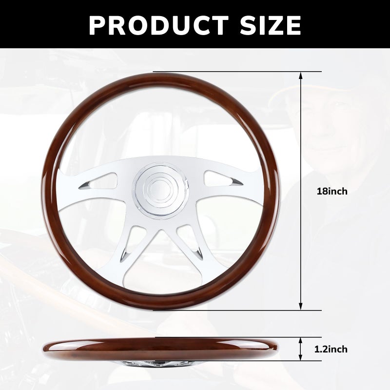 QYMOPAY 18" Wood Truck Steering Wheel Chrome 4 Spoke,for Kenworth, Peterbilt, Volvo,Freightliner - Image 2