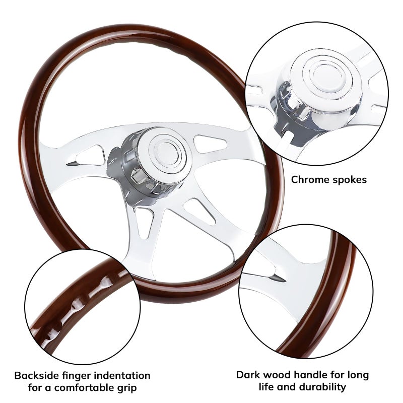 QYMOPAY 18" Wood Truck Steering Wheel Chrome 4 Spoke,for Kenworth, Peterbilt, Volvo,Freightliner - Image 4