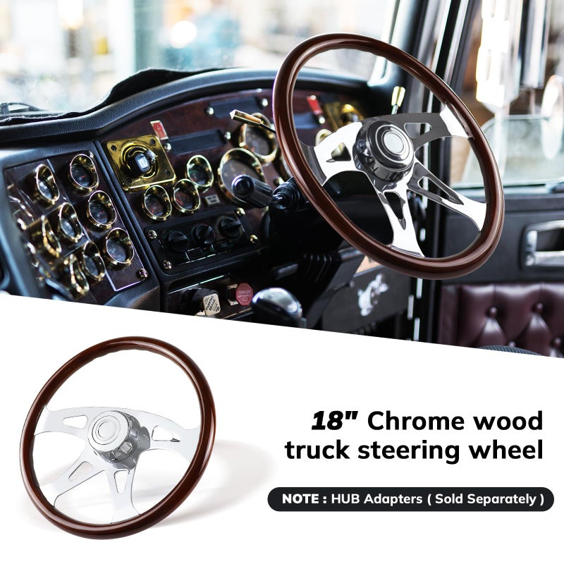 QYMOPAY 18" Wood Truck Steering Wheel Chrome 4 Spoke,for Kenworth, Peterbilt, Volvo,Freightliner - Image 3