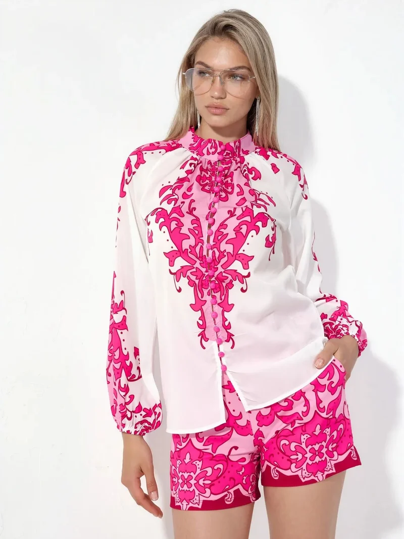 جينيفر Paisley Tie-front Blouse And Shorts Set