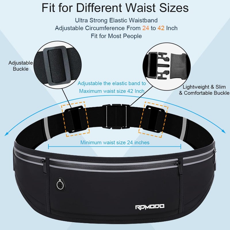 RDMODO Slim Running Beltï¼ŒWater Resistant Fanny Pack for Women Menï¼Œ3 Pocket Phone Holder for Running Walking Cyclingï¼ŒAdjustable Reflective Running Waist Bag for iPhone 16 15 14 13 Pro Max Samsung Black - Image 2