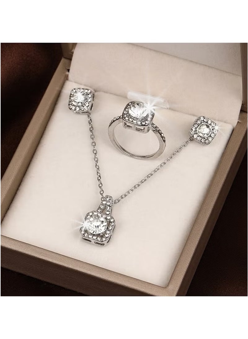 Huitich Sparkling 3-Piece Jewelry Set – Pendant Necklace, Stud Earrings & Ring - Image 2