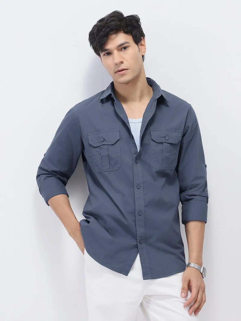 Urbano Fashion Men's Slate Blue Cotton Full Sleeve Regular Fit Casual Solid Shirt