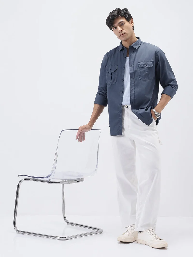 Urbano Fashion  Urbano Fashion Men's Slate Blue Cotton Full Sleeve Regular Fit Casual Solid Shirt  | Best Price UAE