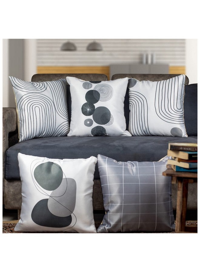 Vendola Vendola Decorative Satin Sofa Cushion Covers Set of 5, 24 inch x 24 inch, Sofa Cushion Pillow Cover, White and Grey, Zipper Closure (Monochrome, 24X24 Inches) - Image 1