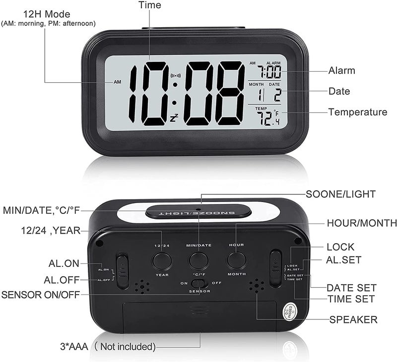 VeriXpress Plastic Digital Alarm Clock with Automatic Sensor, Date and Temperature Display, Table Clock for Students, Home, Office, Corporate Use with Smart Night Light, Black, 13.5 cm, 5.3 inches - Image 4