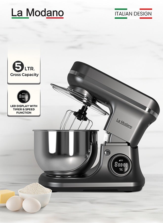 1000W Stand Mixer with 5L Stainless Steel Bowl – 8-Speed Digital Control, LED Timer, Safety Lock, Dough Hook, Beater & Whisk Included - LMSM600