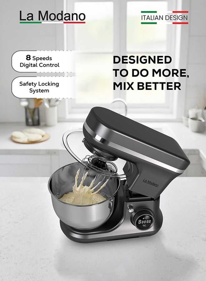 La Modano 1000W Stand Mixer with 5L Stainless Steel Bowl – 8-Speed Digital Control, LED Timer, Safety Lock, Dough Hook, Beater & Whisk Included - LMSM600 - Image 4