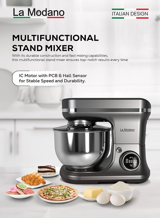 La Modano 1000W Stand Mixer with 5L Stainless Steel Bowl – 8-Speed Digital Control, LED Timer, Safety Lock, Dough Hook, Beater & Whisk Included - LMSM600 - Image 3