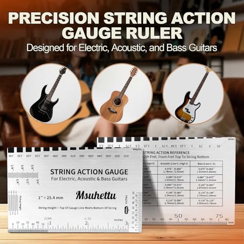 Msuhettu String Action Gauge Ruler, Upgraded Guitar String Height Gauge with Inch & Metric Scales, Guitar String Setup Tool and Accessory for Electric, Acoustic, Bass, and Luthier Use - Print Silver Edition - Image 2