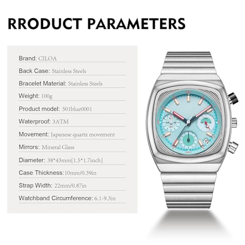 CILOA Mens Watches Chronograph Stainless Steel Waterproof Date Analog Business Fashion Wristwatch for Men（Blue） - Image 4
