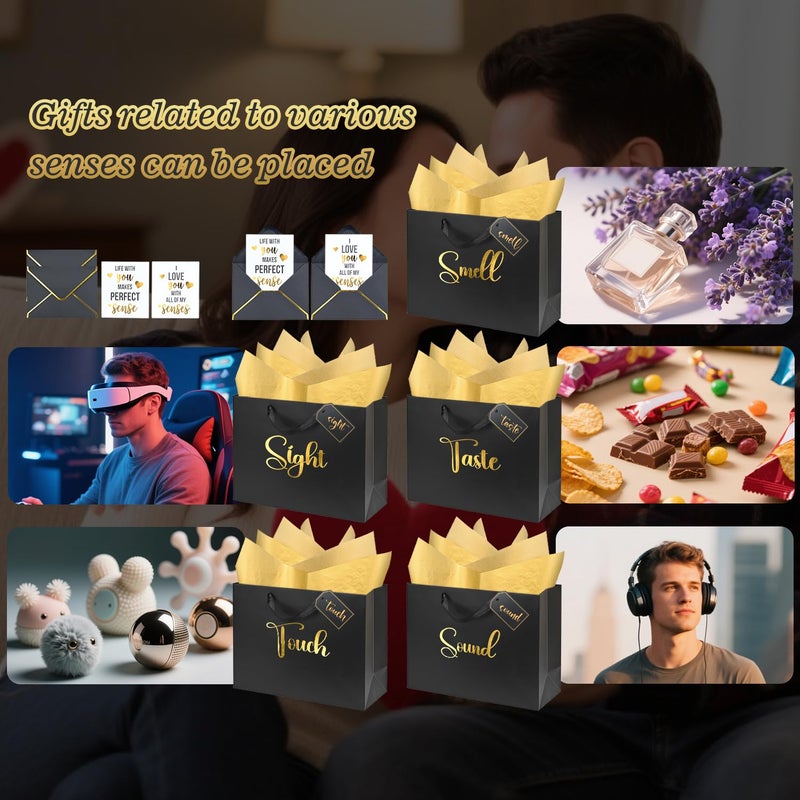 Nimbbex 13'' Large 5 Senses Gift Bags For Him Her With Labels Envelopes And Cards  Gold Foil Sight Smell Touch Taste Sound Gift Bags With Tissue Handle For Birthday  Anniversary  Mother'S Day  Valentine'S Day - Image 5