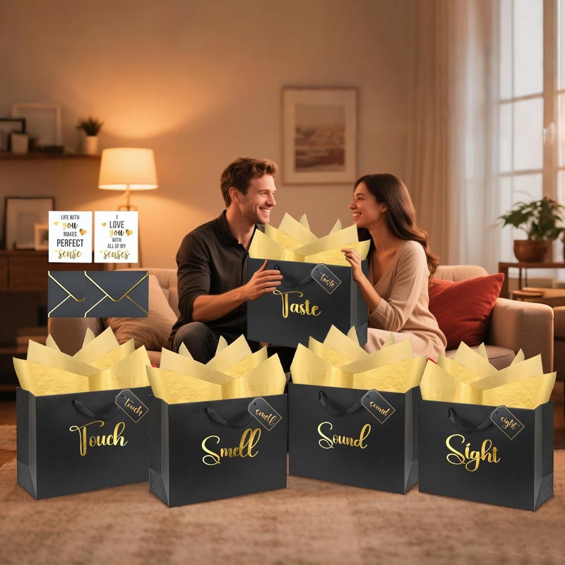 Nimbbex 13'' Large 5 Senses Gift Bags For Him Her With Labels Envelopes And Cards  Gold Foil Sight Smell Touch Taste Sound Gift Bags With Tissue Handle For Birthday  Anniversary  Mother'S Day  Valentine'S Day - Image 4