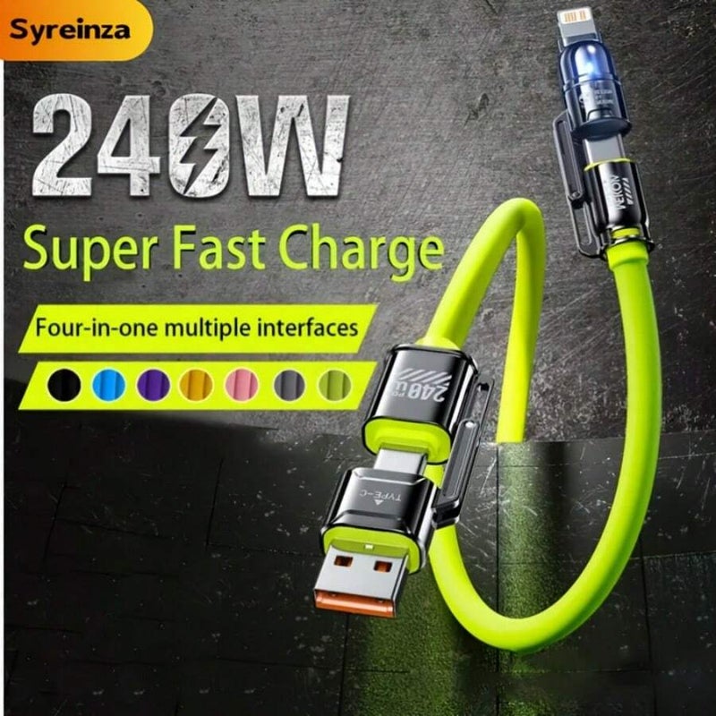 كابل شحن سريع 4 في 1 بقدرة قصوى 240 وات، خط شحن مزدوج الرأس مع منافذ USB‑A/Type‑C/Lightning، متوافق مع iPhone 17 Air/16/15/14 Plus/13/12/11 Pro Max، وسلاسل S25/S24/S23، وغيرها من الأجهزة؛ كابل شحن فائق السرعة بقدرة 240 وات، خط شحن سريع متعدد الوظائف 4 في 1 مزود بمنافذ USB‑A/Type‑C/Lightning، مناسب للأجهزة اللوحية وأجهزة أخرى. - Image 1