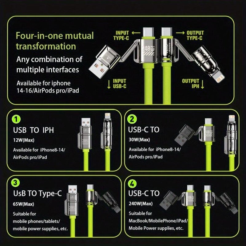 كابل شحن سريع 4 في 1 بقدرة قصوى 240 وات، خط شحن مزدوج الرأس مع منافذ USB‑A/Type‑C/Lightning، متوافق مع iPhone 17 Air/16/15/14 Plus/13/12/11 Pro Max، وسلاسل S25/S24/S23، وغيرها من الأجهزة؛ كابل شحن فائق السرعة بقدرة 240 وات، خط شحن سريع متعدد الوظائف 4 في 1 مزود بمنافذ USB‑A/Type‑C/Lightning، مناسب للأجهزة اللوحية وأجهزة أخرى. - Image 3