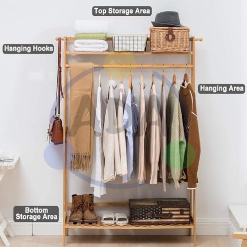 ADA® Premium Natural Bamboo Clothes Hanger, Multifunctional Clothing Coat Rack Storage Organizer Shelves for Hallway, Living Room and Guest Room(L-100 x W-40 x H-140) cm - Image 3