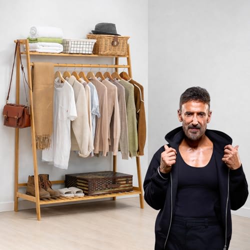 ADA® Premium Natural Bamboo Clothes Hanger, Multifunctional Clothing Coat Rack Storage Organizer Shelves for Hallway, Living Room and Guest Room(L-100 x W-40 x H-140) cm - Image 1