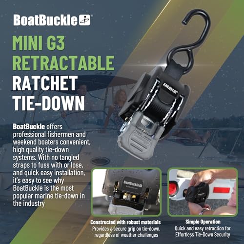 BoatBuckle Mini G3 Retractable Ratchet Straps - (1 x 72-Inch, 1400lbs Break Strength, 2-Pack) Bolt-On Boat Transom Tie Down Straps to Trailer, Fresh Water - Image 2
