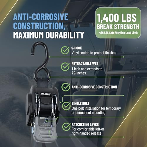 BoatBuckle Mini G3 Retractable Ratchet Straps - (1 x 72-Inch, 1400lbs Break Strength, 2-Pack) Bolt-On Boat Transom Tie Down Straps to Trailer, Fresh Water - Image 3