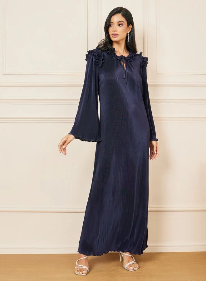 Styli Plisse Ruffle Detail Tie Up Neck Maxi Dress