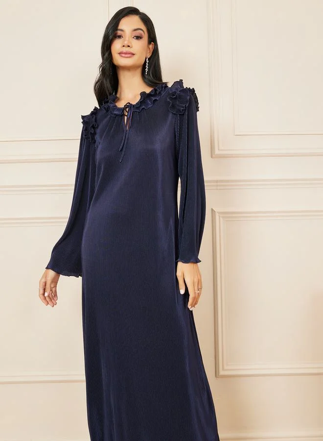 Styli Plisse Ruffle Detail Tie Up Neck Maxi Dress