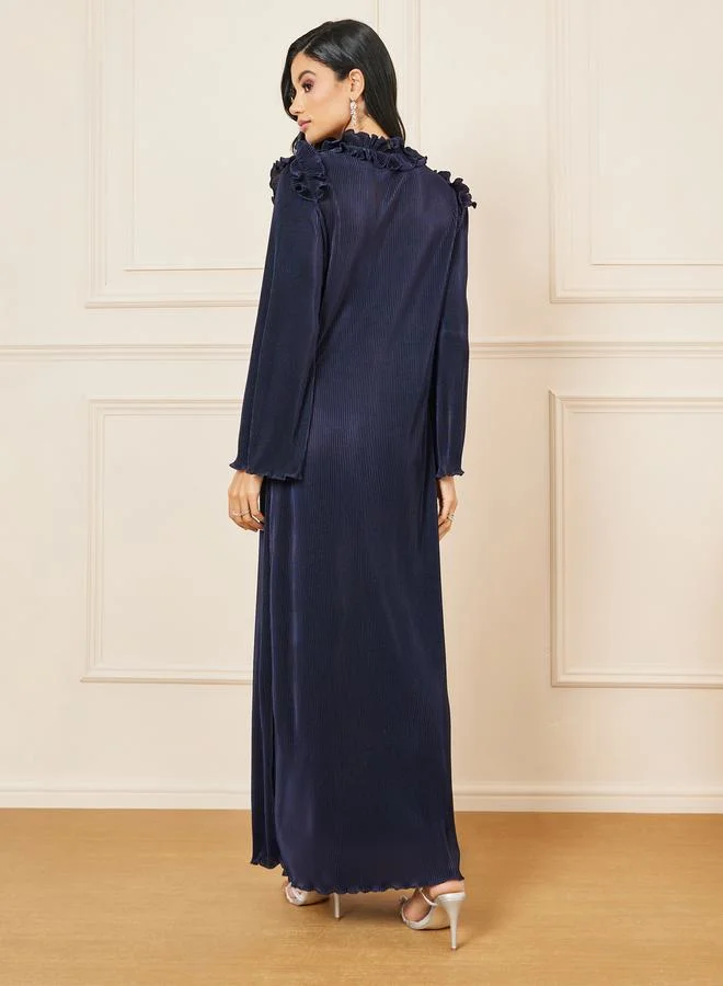 Styli Plisse Ruffle Detail Tie Up Neck Maxi Dress