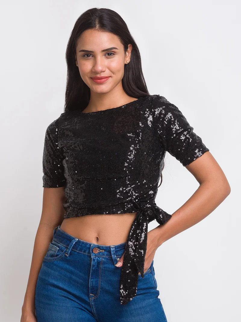 Women Tie-Up Sequinned Party Crop Top