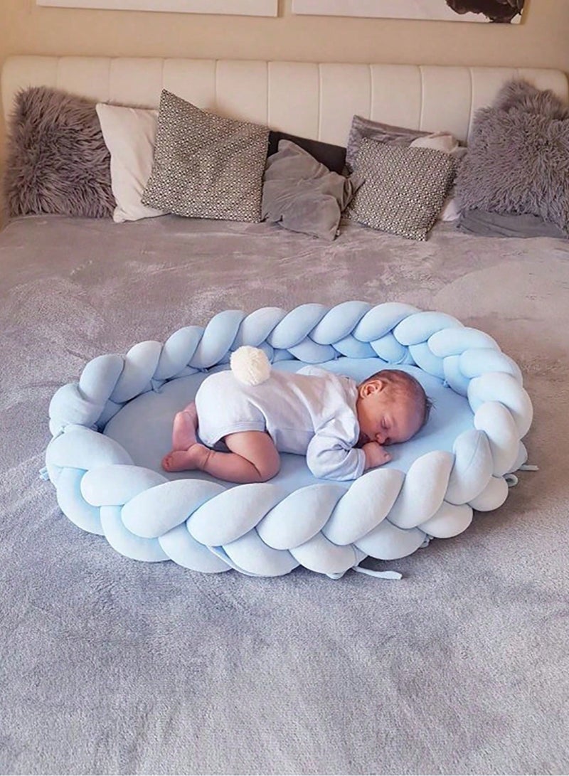 يونيكبيبي حاجز سرير أطفال حديثي الولادة، بطول 2 متر، وسادة مضفرة ناعمة يدويًا، واقي سرير آمن للأطفال، تصميم مجدول 3 و 4 خيوط، مفروشات سرير ناعمة ومريحة، لون أزرق فاتح، متين ومرن - Image 2