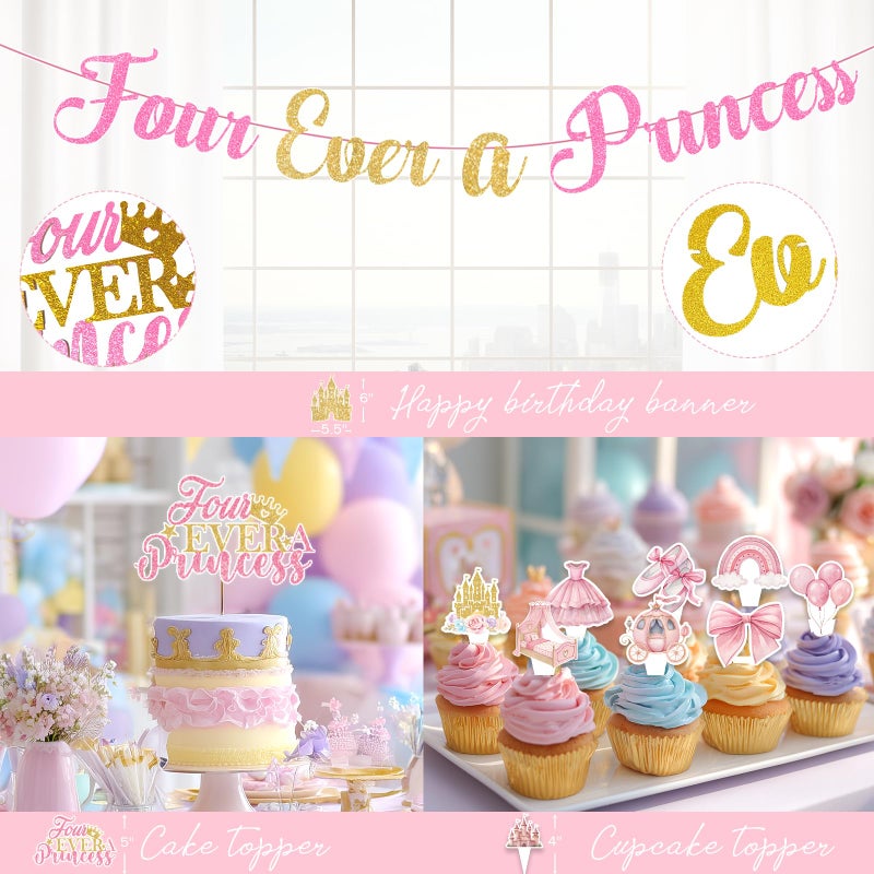 Fiesec Four Ever A Princess Birthday Decorations, 193 PCs Princess Party Decoration Tableware Supplies with Balloons, Banners, Cake Toppers, Tablecloths, Plates, Cups, Straws, Forks & Hanging Swirls - Image 4