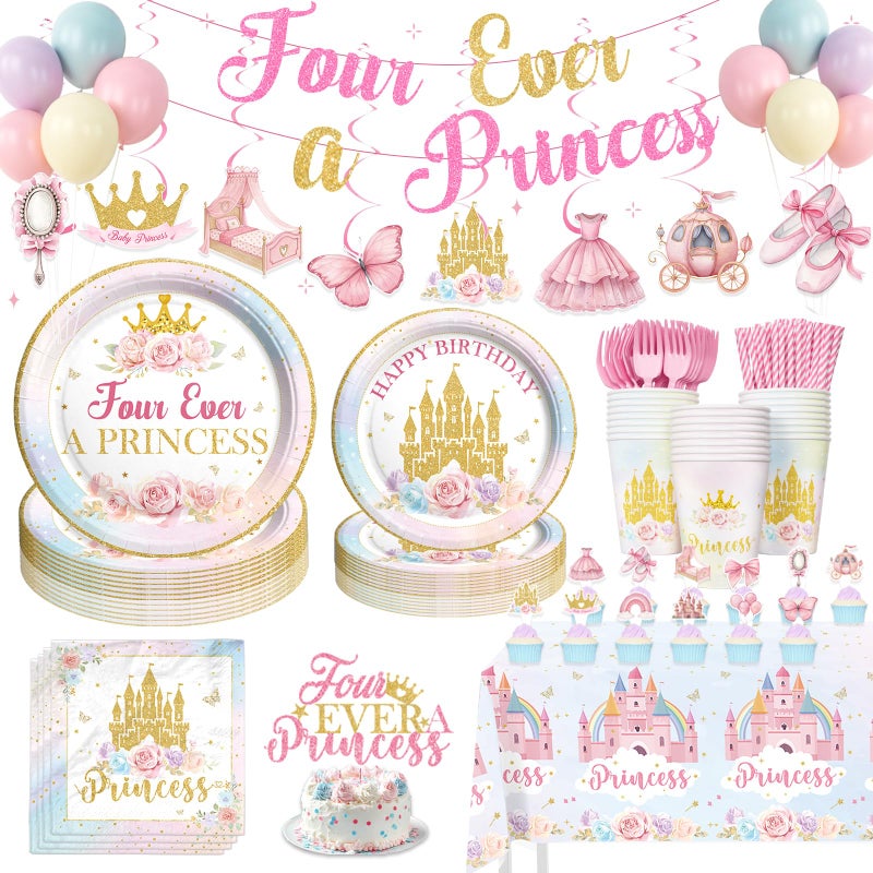 Fiesec Four Ever A Princess Birthday Decorations, 193 PCs Princess Party Decoration Tableware Supplies with Balloons, Banners, Cake Toppers, Tablecloths, Plates, Cups, Straws, Forks & Hanging Swirls - Image 1